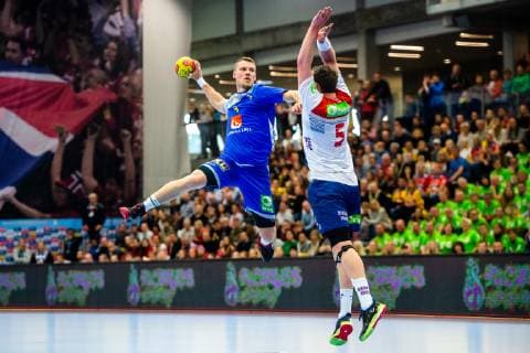 190411 Markus Olsson of Sweden and Sander Sagosen of Norway during the EHF EURO Cup match between Norway and Sweden on April 11 2019 in Arendal Photo Fredrik Varfjell BILDBYRAN kod FV 150228,  Copyright: FREDRIKxVARFJELL BB190411FV029