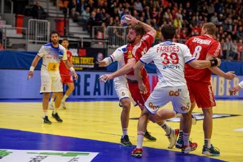 HANDBALL - EHF EURO Cup, AUT vs ESP DORNBIRN,AUSTRIA,11.APR.19 - HANDBALL - EHF EURO Cup, OEHB international match Länderspiel Austria vs Spain. Image shows Fabian Posch (AUT), Pablo Paredes La Pena (ESP) and Sebastian Spendier (AUT). GEPAxpictures xOliverxLerch