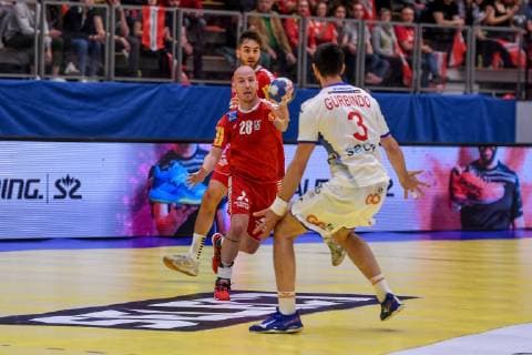 HANDBALL - EHF EURO Cup, AUT vs ESP DORNBIRN,AUSTRIA,11.APR.19 - HANDBALL - EHF EURO Cup, OEHB international match Länderspiel Austria vs Spain. Image shows Boris Zivkovic, Robert Weber (AUT) and Eduardo Gurbindo Martinez (ESP). GEPAxpictures xOliverxLerch
