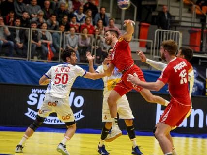 HANDBALL - EHF EURO Cup, AUT vs ESP DORNBIRN,AUSTRIA,11.APR.19 - HANDBALL - EHF EURO Cup, OEHB international match Länderspiel Austria vs Spain. Image shows Alvaro Riuz Sanchez, Valero Rivera Folch (ESP), Boris Zivkovic and Fabian Posch (AUT). GEPAxpictures xOliverxLerch