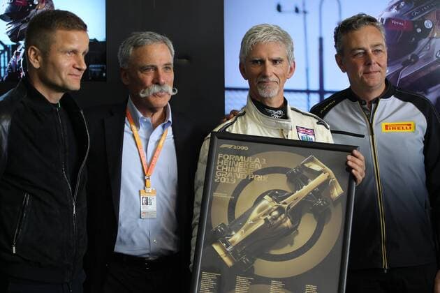 Photo4 LaPresse 12 04 2019 Shanghai, China Grand Prix Formula One China 2019 In the pic: Official 1000th F1 Gp Poster presentation: L to R Pavel Turek, Chase Carey (US), Liberty Media, Damon Hill (GBR) 1996 F1 World Champion and Mario Isola (ITA), Sporting Director Pirelli  Copyright: xPhoto4 LaPressex