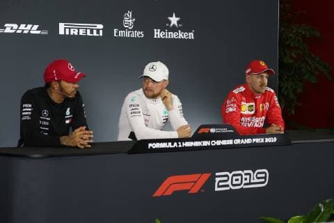 Photo4 LaPresse 13 04 2019 Shanghai, China Grand Prix Formula One China 2019 In the pic: after Qualifying Official Fia press conference PK Pressekonferenz L to R Lewis Hamilton (GBR) Mercedes AMG F1 W10 EQ Power, Valtteri Bottas (FIN) Mercedes AMG F1 W10 EQ Power Sebastian Vettel (GER) Scuderia Ferrari SF90  Copyright: xPhoto4 LaPressex