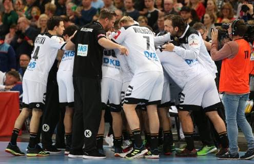 The team at the EM qualifying match Germany against Poland of the men on 13 04 19 in the Gerry Weber Stadium in Halle Westfalen Handball EM qualifying Germany Poland Poland