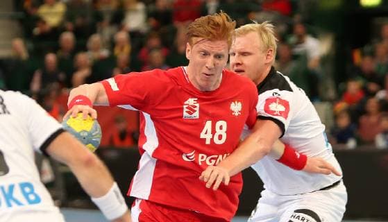 Tomasz Gebala Poland vs. Patrick Wiencek Germany at the European Championship Qualifier Germany vs. Poland of the Men on 13 04 19 at the Gerry Weber Stadium in Halle Westfalen Handball European Championship Qualifier Germany Poland