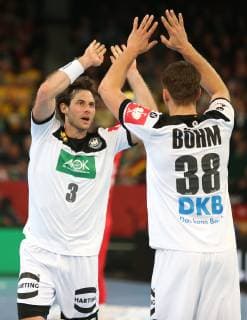 Uwe Gensheimer Germany and Fabian Böhm Germany at the European Championship qualifying match Germany against Poland of the men on 13 04 19 in the Gerry Weber Stadium in Halle Westfalen Handball European Championship qualifying Germany Poland