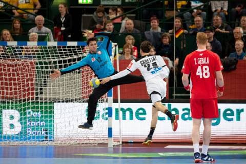 Halle Westf Germany 13 04 2019 DHB Qualifying match 2018 2019 Germany vs Poland L M Mateusz Kornecki Poland Patrick Groetzki Germany Halle Westf Nordrhein Westfalen Germany Gerry Weber Stadium