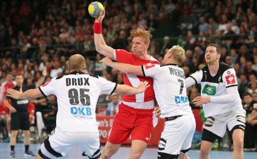 Paul Drux Germany Patrick Wiencek Germany vs. Tomasz Gebala Poland at the European Championship Qualifier Germany vs. Poland of the Men on 13 04 19 in the Gerry Weber Stadium in Halle Westphalia Handball European Championship Qualifier Germany Poland