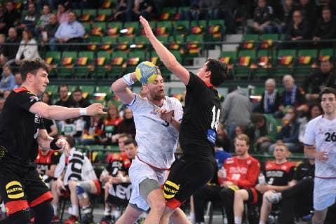 13 04 2019 xkhx Halle Gerry Weber Stadium U21 National Team of the German Handball Federation U21 International match Germany vs. Czech Republic Jannek Klein GER vs. Matej Nanti Czech Republic