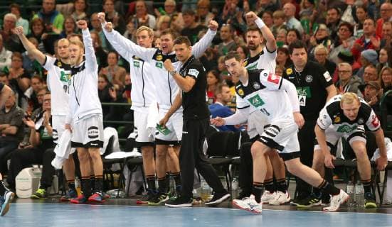 The team is happy about the victory in the European Championship qualification game Germany against Poland of the men on 13 04 19 in the Gerry Weber Stadium in Halle Westphalia Handball European Championship qualification Germany Poland