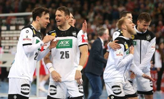 The team is happy about the victory in the European Championship qualification game Germany against Poland of the men on 13 04 19 in the Gerry Weber Stadium in Halle Westphalia Handball European Championship qualification Germany Poland
