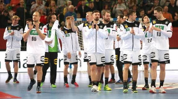 The team is happy about the victory in the European Championship qualification game Germany against Poland of the men on 13 04 19 in the Gerry Weber Stadium in Halle Westphalia Handball European Championship qualification Germany Poland