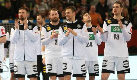 The team is happy about the victory in the European Championship qualification game Germany against Poland of the men on 13 04 19 in the Gerry Weber Stadium in Halle Westphalia Handball European Championship qualification Germany Poland