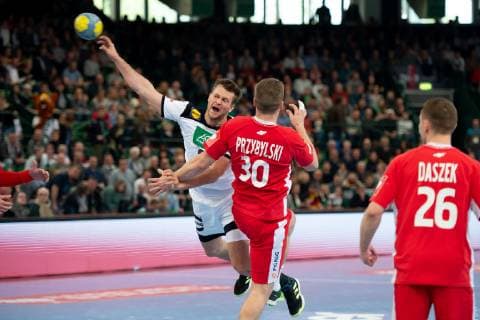 Halle Westf Germany 13 04 2019 DHB Qualifying match 2018 2019 Germany vs Poland L R Fabian Böhm Germany Rafal Przybylski Poland Halle Westf Nordrhein Westfalen Germany Gerry Weber Stadium