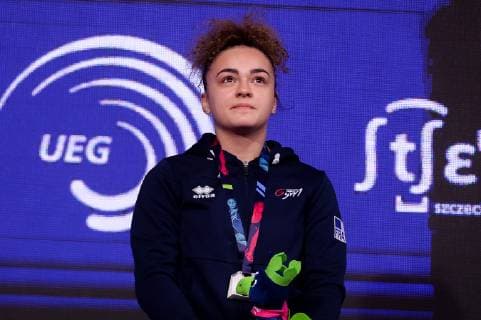 Turnen, EM in Stettin, Siegerehrungen 13.04.2019 SZCZECIN 8. MISTRZOSTWA EUROPY W GIMNASTYCE SPORTOWEJ KOBIET I MEZCZYZN DZIEN 4 - FINALY NA PRZYRZADACH 8th European Championships in Artistic Gymnastics Day 4 - Apparatus Finals N Z COLINE DEVILLARD (FRA) FOT MATEUSZ SLODKOWSKI FOTONEWS NEWSPIX.PL --- Newspix.pl  20190413FNMS094