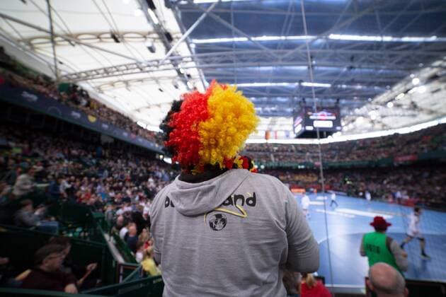 Halle Westf Germany 13 04 2019 DHB qualification game 2018 2019 Germany vs Poland fan with Germany wig Halle Westf Nordrhein Westfalen Germany Gerry Weber stadium