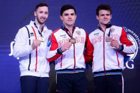 April 13, 2019 - Szczecin, West Pomeranian, Poland - Artem Dolgopyat from Israel, Artur Dalaloyan from Russia and Dmitrii Lankin from Russia are seen during the award ceremony after the Apparatus Finals of 8th European Championships in Artistic Gymnastics 8th European Championships in Artistic Gymnastics in Szczecin - 13 Apr 2019 - ZUMAs197 90738554st Copyright: xMateuszxSlodkowskix