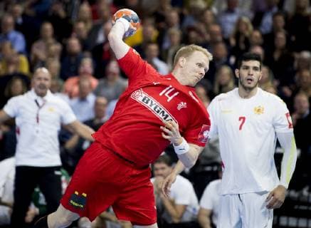Anders Zachariassen and Stefan Cavor during the European Championship qualifiers in mens handball between Denmark and Montenegro in the Royal Arena Saturday 13 April 2019 Copenhagen Denmark,  Copyright: fotograf@clausbech.dk ClausxBechx COP102 spdk20190413-202255-L