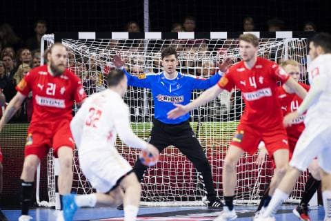 Niklas Landin Jacobsen during the European Championship qualifier in mens handball between Denmark and Montenegro in the Royal Arena Saturday 13 April 2019 Copenhagen Denmark,  Copyright: fotograf@clausbech.dk ClausxBechx COP102 spdk20190413-203303-L