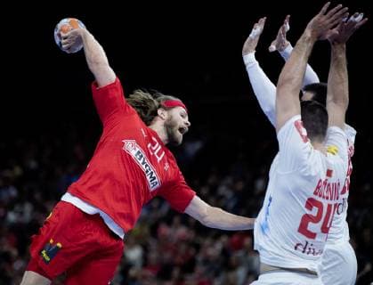 Mikkel Hansen during the European Championship qualifying match in mens handball between Denmark and Montenegro in the Royal Arena Saturday April 13, 2019 Copenhagen Denmark,  Copyright: fotograf@clausbech.dk ClausxBechx COP102 spdk20190413-211017-L