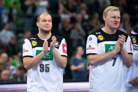 Halle Westf Germany 13 04 2019 DHB Qualifying match 2018 2019 Germany vs Poland L R Paul Drux Germany Patrick Wiencek Germany Halle Westf Nordrhein Westfalen Germany Gerry Weber Stadium