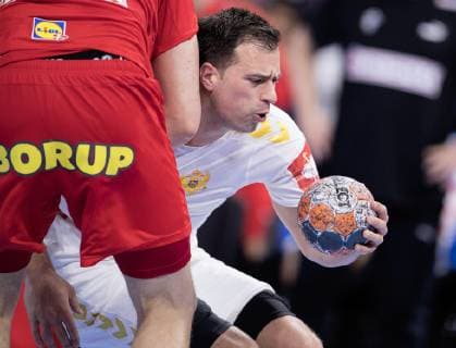 Stevan Vujovic during the European Championship qualifiers in mens handball between Denmark and Montenegro in the Royal Arena Saturday 13 April 2019 Copenhagen Denmark,  Copyright: fotograf@clausbech.dk ClausxBechx COP102 spdk20190413-220820-L