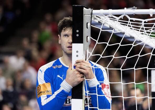 Niklas Landin Jacobsen during the European Championship qualifier in mens handball between Denmark and Montenegro in the Royal Arena Saturday 13 April 2019 Copenhagen Denmark,  Copyright: fotograf@clausbech.dk ClausxBechx COP102 spdk20190413-221949-L