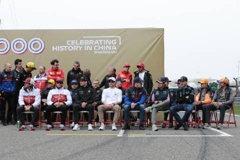 F1 racing drivers pose for photos for the 1000th Celebrating History in China during the Formula One Heineken Chinese Grand Prix 2019 at the Shanghai International Circuit in Shanghai, China, 14 April 2019. F1 drivers pose for group shot for 1000th Celebrating History in China  20190414_405690