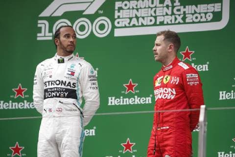 Motorsports: FIA Formula One World Championship WM Weltmeisterschaft 2019, Grand Prix of China, 44 Lewis Hamilton (GBR, Mercedes AMG Petronas Motorsport), 5 Sebastian Vettel (GER, Scuderia Ferrari Mission Winnow), Shanghai China