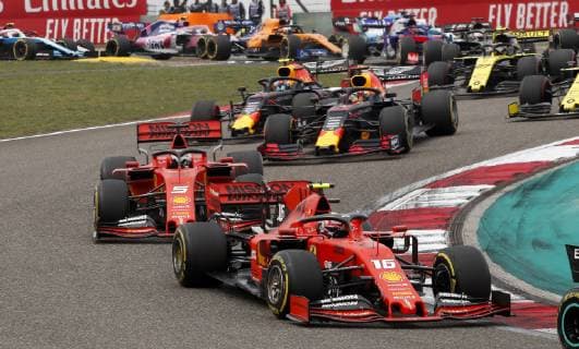Motorsports: FIA Formula One World Championship WM Weltmeisterschaft 2019, Grand Prix of China, Start, 16 Charles Leclerc (MCO, Scuderia Ferrari Mission Winnow), 5 Sebastian Vettel (GER, Scuderia Ferrari Mission Winnow), 33 Max Verstappen (NLD, Aston Martin Red Bull Racing), 10 Pierre Gasly (FRA, Aston Martin Red Bull Racing), Shanghai China
