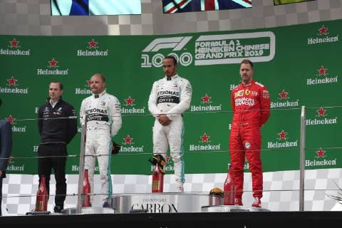 Photo4 LaPresse 14 04 2019 Shanghai, China Grand Prix Formula One China 2019 In the pic: Podium, winner Lewis Hamilton (GBR) Mercedes AMG F1 W10 EQ Power 2nd place Valtteri Bottas (FIN) Mercedes AMG F1 W10 EQ Power 3rd place Sebastian Vettel (GER) Scuderia Ferrari SF90  Copyright: xPhoto4 LaPressex