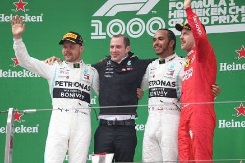 Photo4 LaPresse 14 04 2019 Shanghai, China Grand Prix Formula One China 2019 In the pic: Podium, winner Lewis Hamilton (GBR) Mercedes AMG F1 W10 EQ Power 2nd place Valtteri Bottas (FIN) Mercedes AMG F1 W10 EQ Power 3rd place Sebastian Vettel (GER) Scuderia Ferrari SF90  Copyright: xPhoto4 LaPressex