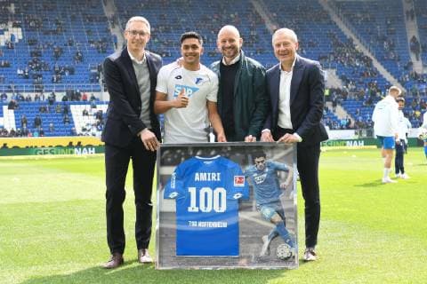 Sport Bilder des Tages 14.04.2019, xmeix, Fussball, 1. Bundesliga, TSG 1899 Hoffenheim - Hertha BSC Berlin, emspor, v.l. mit Hoffnehims Geschaeftsfuehrer Finanzen Frank Briel, Nadiem Amiri (TSG 1899 Hoffenheim), Hoffenheims Leiter Profifussbal Alexander Rosen, Hoffnehims Geschaeftsfuehrer Dr. Peter Goerlich DFL regulations prohibit any use of photographs as image sequences and or quasi-video. Sinsheim *** 14 04 2019 xmeix Football 1 Bundesliga TSG 1899 Hoffenheim Hertha BSC Berlin emspor v l with Hoffnehims Managing Director Finance Frank Briel Nadiem Amiri TSG 1899 Hoffenheim Hoffenheims Head of Professional Football Alexander Rosen Hoffnehims Managing Director Dr Peter Goerlich DFL regulations prohibit any use of photographs as image sequences and or quasi video Sinsheim prio:1