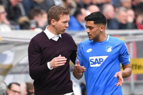 14 04 2019 xmeix Football 1 Bundesliga TSG 1899 Hoffenheim Hertha BSC Berlin emspor v l Hoffenheim coach Julian Nagelsmann TSG 1899 Hoffenheim with Nadiem Amiri TSG 1899 Hoffenheim DFL regulations prohibit any use of photographs as image sequences and or quasi video Sinsheim prio:1