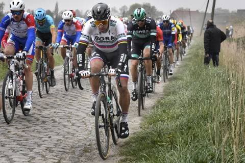 Slovakian Peter Sagan of Bora-Hansgrohe in action on a cobblestone sector during the 117th edition of the Paris-Roubaix one day cycling race, from Compiegne, near Paris to Roubaix, Sunday 14 April 2019. DIRKxWAEM  x05567915x