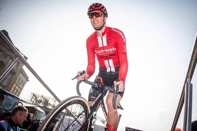 Maximilian Richard Walscheid GER Team Sunweb on the podium at the riders and team presentation before the start of 117 Paris Roubaix 2019 Landscape landscape horizontal Event Event 117 Paris Roubaix Compiegne after to Roubaix Velodrome 257 0 km Location Roubaix Region Hauts de France Land Country France Date Date 14 04 2019 Cycling Cycling 117 Paris Roubaix 14 04 2019