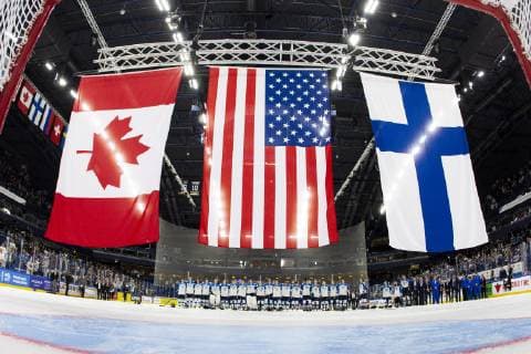 Flags for top three, Winner USA, Second Finland and third Canada during the IIHF Womens World Championship WM Weltmeisterschaft 2019 Final Game United States - Finland at the Espoo Metro Arena15. April 2019 in Espoo, Finland. (Tomi Hänninen Newspix24)  Copyright: xTomixHänninenx np24thTHnp2432th351316