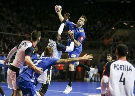 April 14, 2019 - Strasburgo, France - Kentin Mahe 14; during the Euro 2020 qualifications handball match between France and Portugal, on April 14, 2019 in Strasbourg, northeastern France. France v Portugal - Handball Qualification Euro 2020  - ZUMAn230 20190414_zaa_n230_542 Copyright: xElyxandroxCegarrax