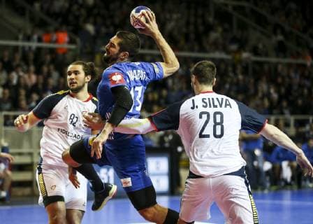 April 14, 2019 - Strasburgo, France - Nikola Karabatic 13, Moreira Belone 2; during the Euro 2020 qualifications handball match between France and Portugal, on April 14, 2019 in Strasbourg, northeastern France. France v Portugal - Handball Qualification Euro 2020  - ZUMAn230 20190414_zaa_n230_543 Copyright: xElyxandroxCegarrax