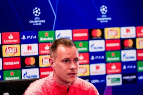 April 15, 2019 - Barcelona, BARCELONA, Spain - Marc-Andre Ter Stegen goalkeeper of FC Barcelona Barca during the press conference PK Pressekonferenz before the second leg Champions League match of Quarter final between FC Barcelona and Manchester United ManU in Ciutat Esportiva Joan Gamper in Barcelona 15 of April of 2019, Spain. SPAIN - SPORTS - FOOTBALL - CHAMPIONS LEAGUE - FC BARCELONA - TRAINING - ZUMAa181 20190415_zaa_a181_038 Copyright: xAFP7x