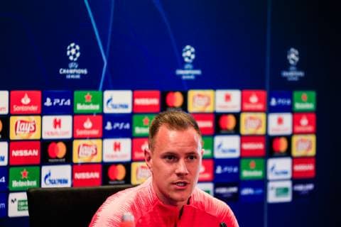 April 15, 2019 - Barcelona, BARCELONA, Spain - Marc-Andre Ter Stegen goalkeeper of FC Barcelona Barca during the press conference PK Pressekonferenz before the second leg Champions League match of Quarter final between FC Barcelona and Manchester United ManU in Ciutat Esportiva Joan Gamper in Barcelona 15 of April of 2019, Spain. SPAIN - SPORTS - FOOTBALL - CHAMPIONS LEAGUE - FC BARCELONA - TRAINING - ZUMAa181 20190415_zaa_a181_040 Copyright: xAFP7x