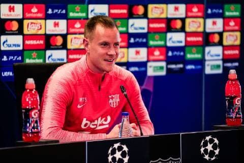 April 15, 2019 - Barcelona, BARCELONA, Spain - Marc-Andre Ter Stegen goalkeeper of FC Barcelona Barca during the press conference PK Pressekonferenz before the second leg Champions League match of Quarter final between FC Barcelona and Manchester United ManU in Ciutat Esportiva Joan Gamper in Barcelona 15 of April of 2019, Spain. SPAIN - SPORTS - FOOTBALL - CHAMPIONS LEAGUE - FC BARCELONA - TRAINING - ZUMAa181 20190415_zaa_a181_037 Copyright: xAFP7x