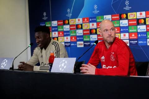 Turin Italy 15 04 2019 Ajax Amsterdam Press Conference Goalkeeper Andre Onana Ajax and Coach Erik Ten Hag Ajax Shows DeFodi541