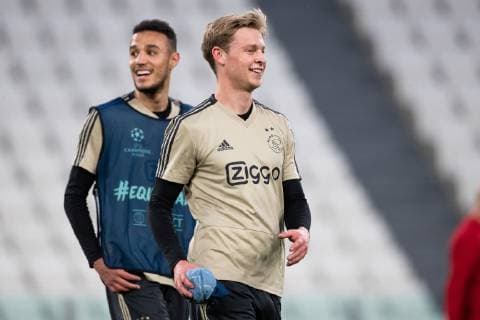 Noussair Mazraoui of Ajax, Frenkie de Jong of Ajax during a training session prior to the UEFA Champions League quarter final match between Juventus FC and Ajax Amsterdam at the Allianz Arena on April 15, 2019 in Turin, Italy UEFA Champions League 2018 2019 xVIxVIxImagesx xTomxBodexMultimediaxIVx 14210007