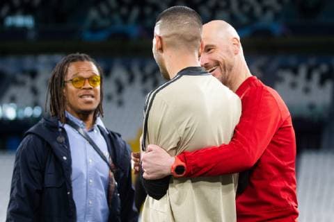 Edgar Davids, Hakim Ziyech of Ajax, Ajax coach Erik ten Hag during a training session prior to the UEFA Champions League quarter final match between Juventus FC and Ajax Amsterdam at the Allianz Arena on April 15, 2019 in Turin, Italy UEFA Champions League 2018 2019 xVIxVIxImagesx xTomxBodexMultimediaxIVx 14210035