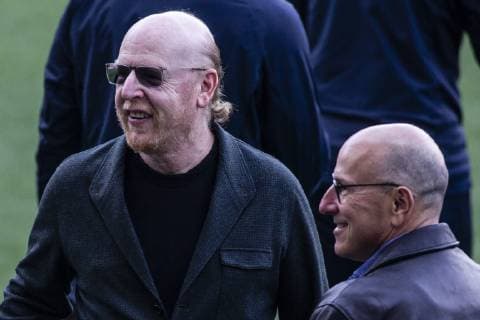 April 15, 2019 - Barcelona, Catalonia, Spain - Ole Gunnar Solskjr take with Avram Glazer and Joel Glazer owners of Manchester United ManU during the training session before the second leg Champions League match of Quarter final between FC Barcelona Barca and Manchester United in Camp Nou Stadium in Barcelona 15 of April of 2019, Spain. Manchester United Training Session  - ZUMAn230 20190415_zaa_n230_267 Copyright: xXavierxBonillax