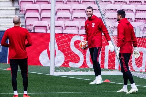 April 15, 2019 - Barcelona, BARCELONA, Spain - 01 De Gea of Manchester United ManU 13 Lee Grant of Manchester United and 22 Sergio Romero of Manchester United during the training session before the second leg Champions League match of Quarter final between FC Barcelona Barca and Manchester United in Camp Nou Stadium in Barcelona 15 of April of 2019, Spain. FOOTBALL - CHAMPIONS LEAGUE - MANCHESTER UNITED - TRAINING - ZUMAa181 20190415_zaa_a181_212 Copyright: xAFP7x