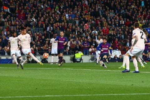 Lionel Messi of FC Barcelona Barca scores the opening goal during the UEFA Champions League match at Camp Nou, Barcelona. Picture date: 16th April 2019. Picture credit should read: Craig Mercer Sportimage EDITORIAL USE ONLY. No use with unauthorised audio, video, data, fixture lists, club league logos or live services. Online in-match use limited to 120 images, no video emulation. No use in betting, games or single club league player publications. SPI-0042-0008