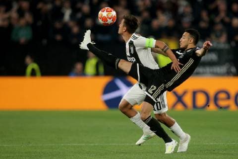 Turin Italy 16 04 2019 UEFA Champions League 2018 19 Season Quarter-finals 2 Round Juventus Turin Ajax Amsterdam Paulo Dybala JUV and Noussair Mazraoui Ajax in a duel DeFodi541