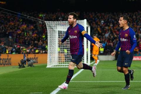 Lionel Messi of FC Barcelona Barca celebrates scoring the opening goal with team mate Philippe Coutinho during the UEFA Champions League match at Camp Nou, Barcelona. Picture date: 16th April 2019. Picture credit should read: Craig Mercer Sportimage EDITORIAL USE ONLY. No use with unauthorised audio, video, data, fixture lists, club league logos or live services. Online in-match use limited to 120 images, no video emulation. No use in betting, games or single club league player publications. SPI-0042-0013