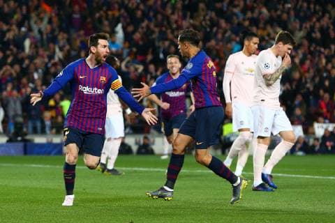 Lionel Messi of FC Barcelona Barca celebrates scoring the opening goal during the UEFA Champions League match at Camp Nou, Barcelona. Picture date: 16th April 2019. Picture credit should read: Craig Mercer Sportimage EDITORIAL USE ONLY. No use with unauthorised audio, video, data, fixture lists, club league logos or live services. Online in-match use limited to 120 images, no video emulation. No use in betting, games or single club league player publications. SPI-0042-0014